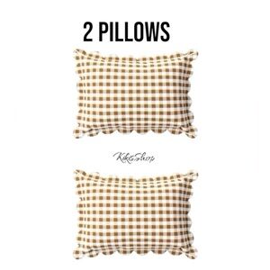 Studio McGee Set of 2-14x20 Gingham Scalloped Edge Outdoor Lumbar Pillow Brown